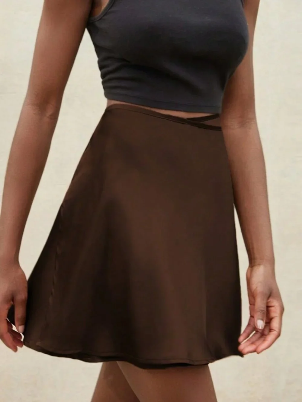 Brown Casual Women's Satin Lace-Up Adjustable High Waist Skirt